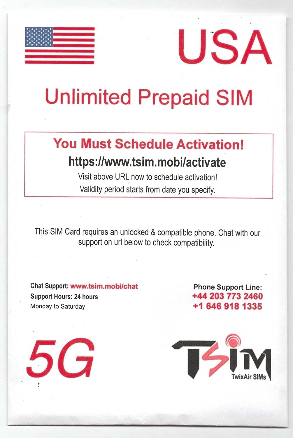 PrePaid USA SIM card. Unlimited incoming and outgoing calls/text | Ultra High Speed 5G Data allowance. Hotspot/Tethering/Internet Sharing allowed. (6GB x 2 Month)