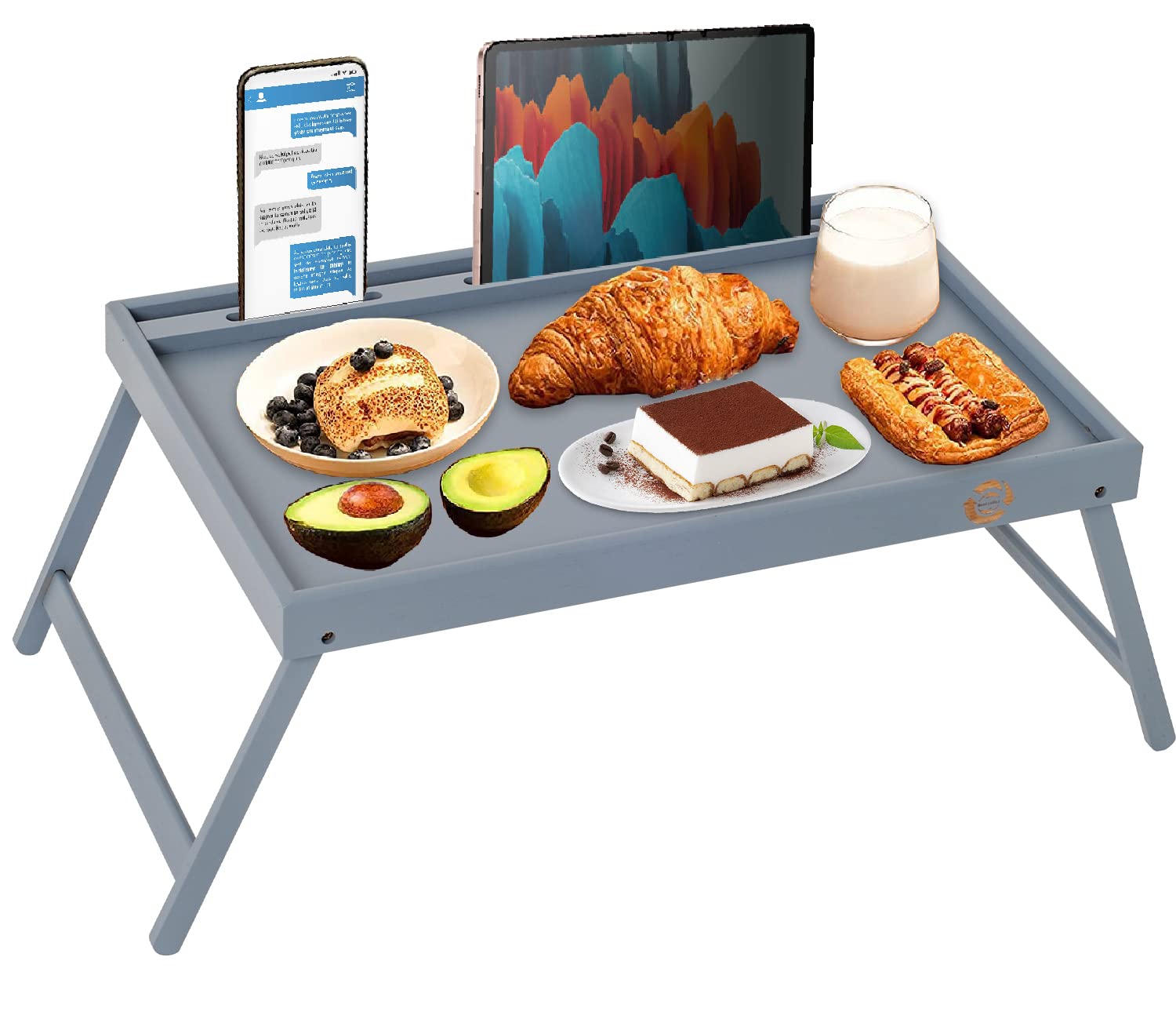 Bamboo Wooden Breakfast Serving Tray Bed Tray Table With Folding Legs | Breakfast Tray for Bed, Eating, Dinner, Sofa, Working, Reading Slot For Phone Tablet Snack Tray Ideal Laptop Desk Table (Grey)