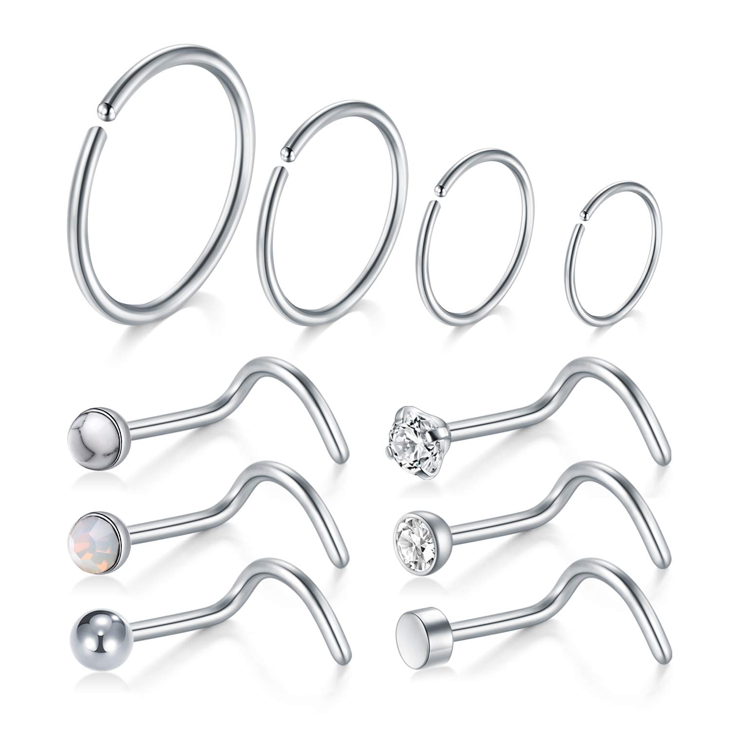 Crdifu Nose Ring Spiral Nose Screw Studs 18G Stainless Steel Nostril Bar Piercing Jewellery with Crystal Stone