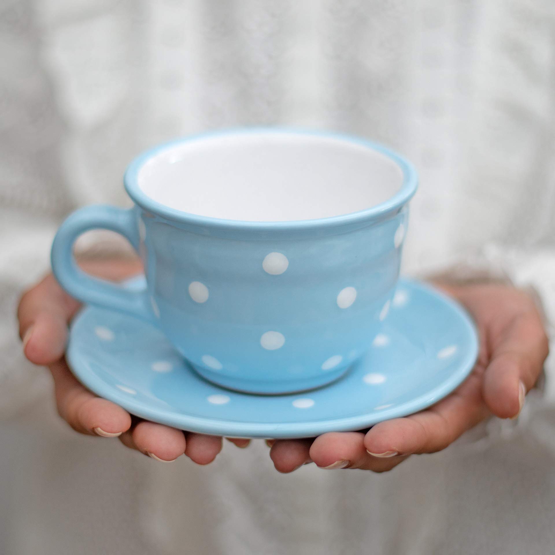 City to Cottage® Light Sky Blue and White | Polka Dot Spotty | Designer Handmade Hand Painted | Large Unique Ceramic 12oz/350ml | Cappuccino Coffee Tea Cup with Saucer | Gift