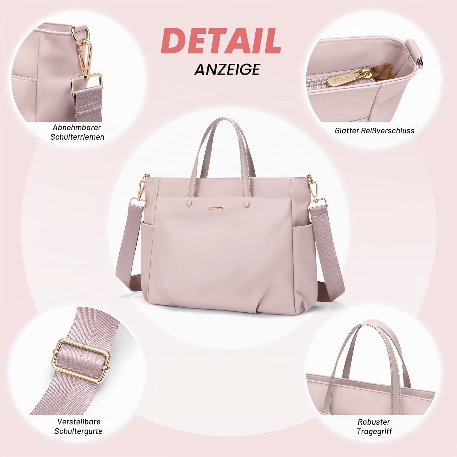 GOLF SUPAGS 15 Zoll Laptop Umhängetasche, Computer Tragetasche für Damen, Stilvolle Handtasche für Arbeit und Reisen (Rosa Grau) 5