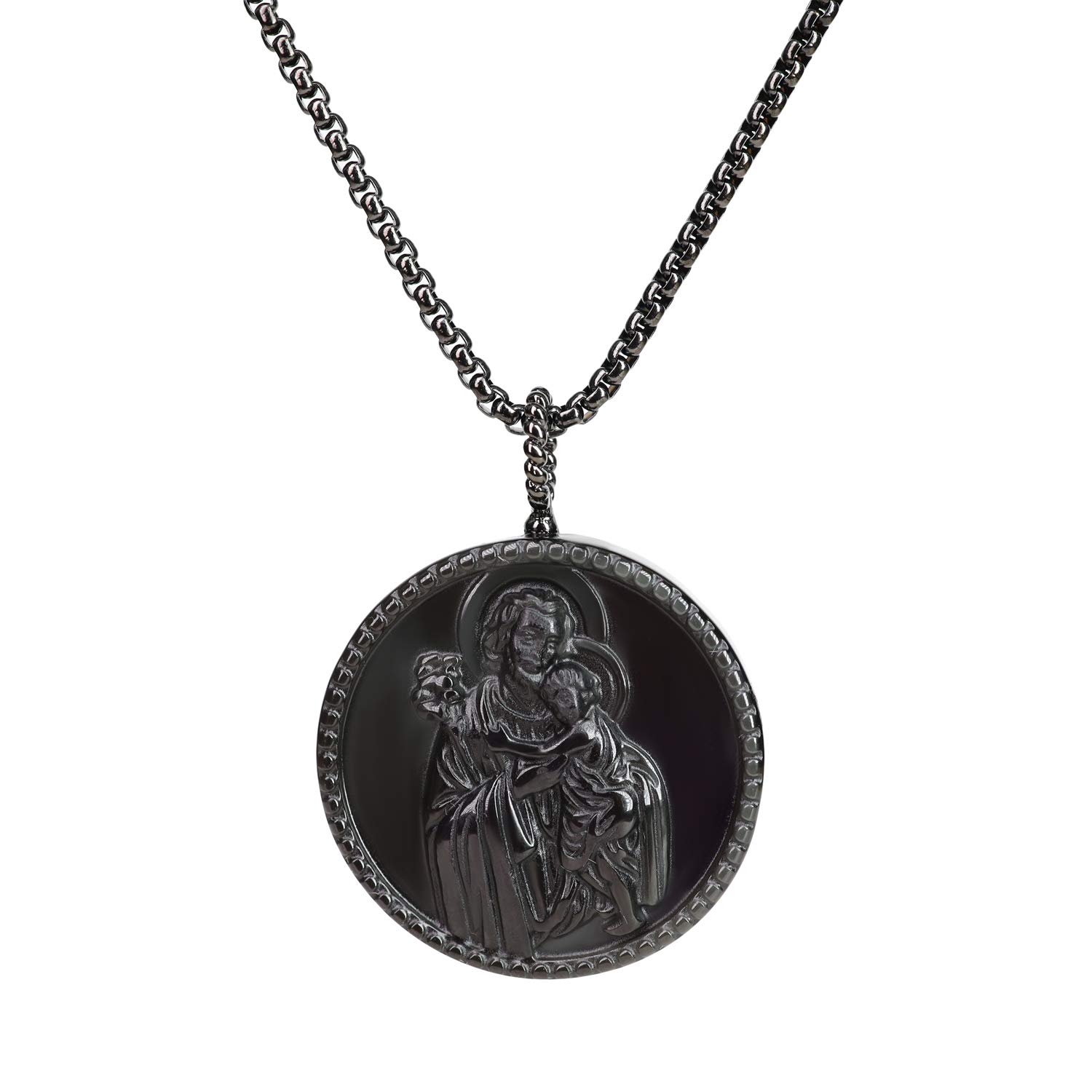 COAI Christian Jewelry Black Obsidian Saint Joseph Necklace Crystal Cross Pendant, 24" Black Stainless Steel Box Chain