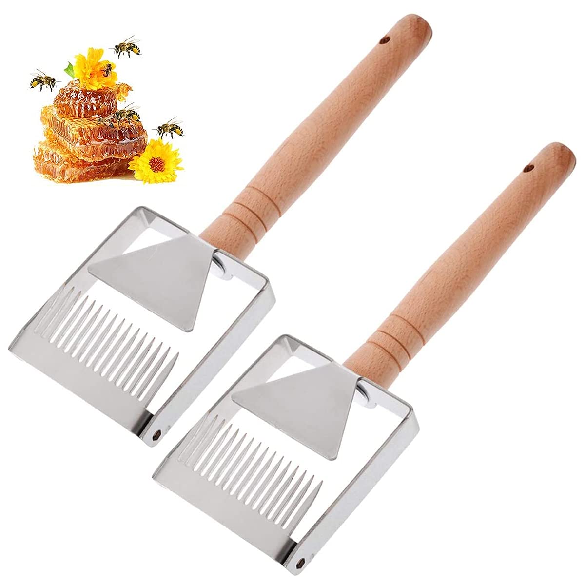 Honey Scraper Shovel, DBAILY 2pcs Stainless Steel Beekeeping Cut Honey Uncapping Knife Fork Honeycomb Beekeeping Tool Equipment with Wooden Handle for Beekeepers