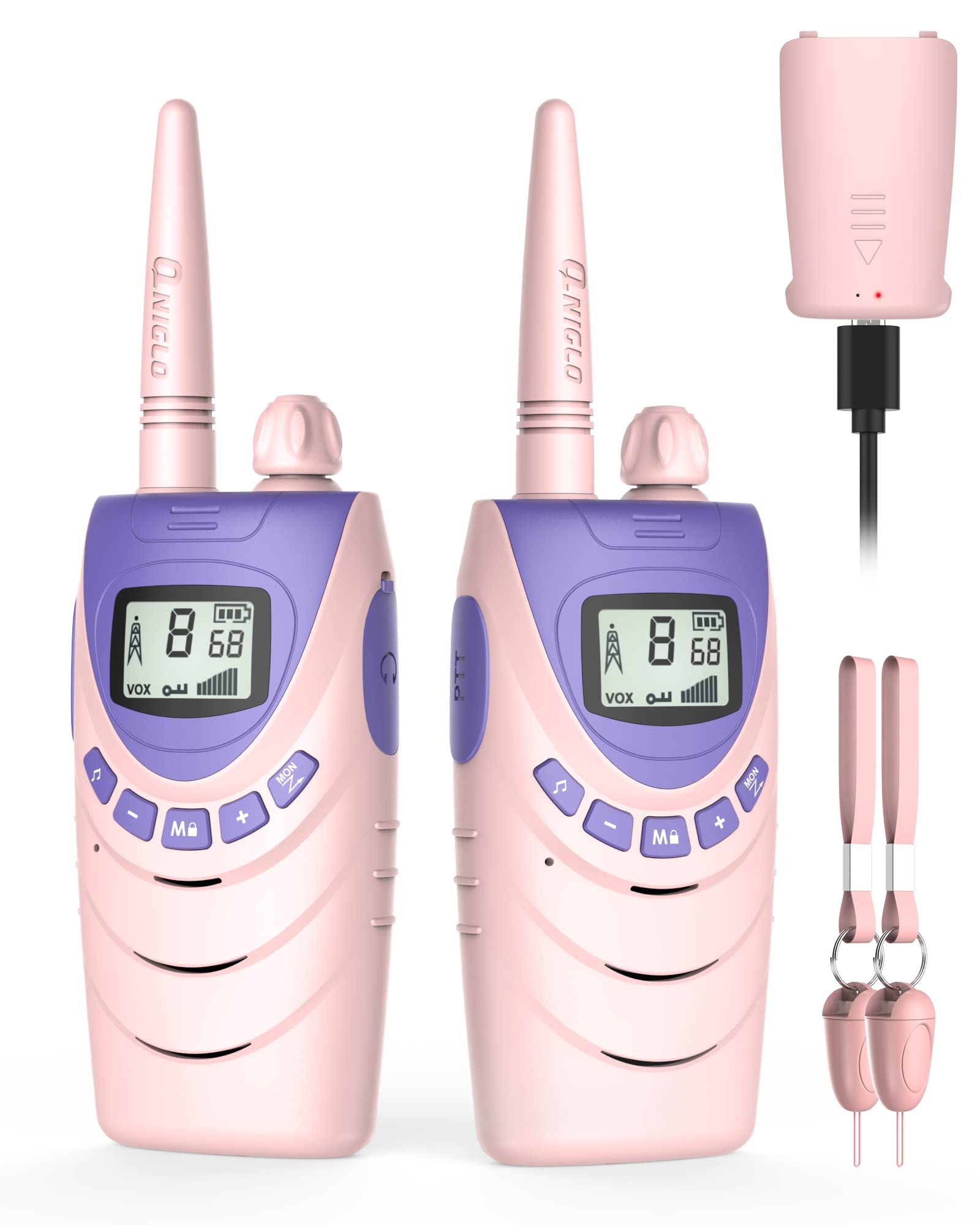 QNIGLO Q268 Rechargeable Walkie Talkies for Kids Adults, 2 Way Radio Walkie Talkies for Teen Gifts, Long Range Walkie Talkies for Women, Presents Pink Walky Talky for Girls Camping Outdoor Activities