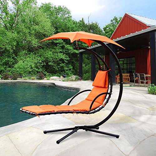 Cloud Mountain Hanging Chaise Lounger Chair Air Porch Floating Swing Hammock Chair With Arc Stand and Canopy Umbrella, Orange