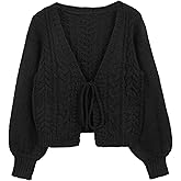 ZAFUL Women's Tie Front Crop Cardigan Sweater V-Neck Lantern Sleeve Open Front Loose Casual Knitwear