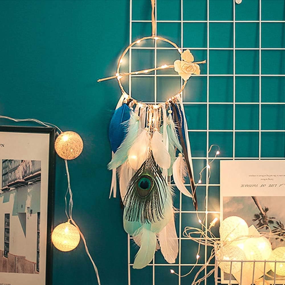LookathotDream Catchers Handmade Dreamcatcher Peacock Feather with Light for Home Wall Hanging Wedding Decorations Car Ornament Craft Gift Bag Package (Style15(Peacock Feather with Light))