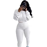 Womens Ribbed 2 Piece Outfits Long Sleeve Crop Top Pullover Skinny Long Pants Sweatsuits Set Tracksuit