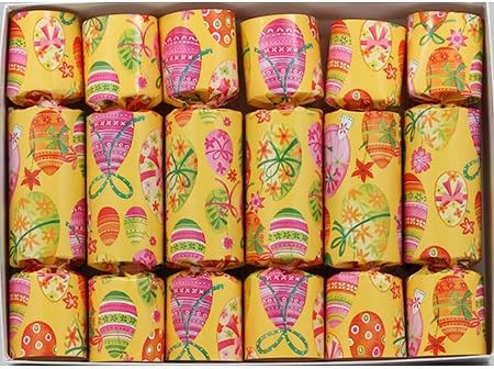 Easter Eggs Party Crackers, set of six 10-inch party crackers with tissue crown, motto, and party toy gift enclosed