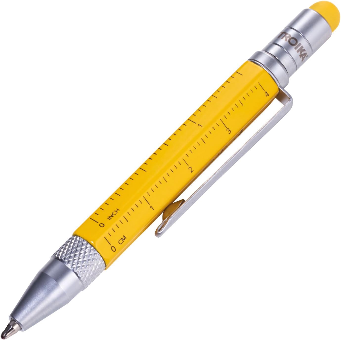 Troika Multitasking Ballpoint Pen (Small), Centimeter/Inch Ruler, Slotted/Phillips Screwdriver, Stylus (Yellow), Black Refill