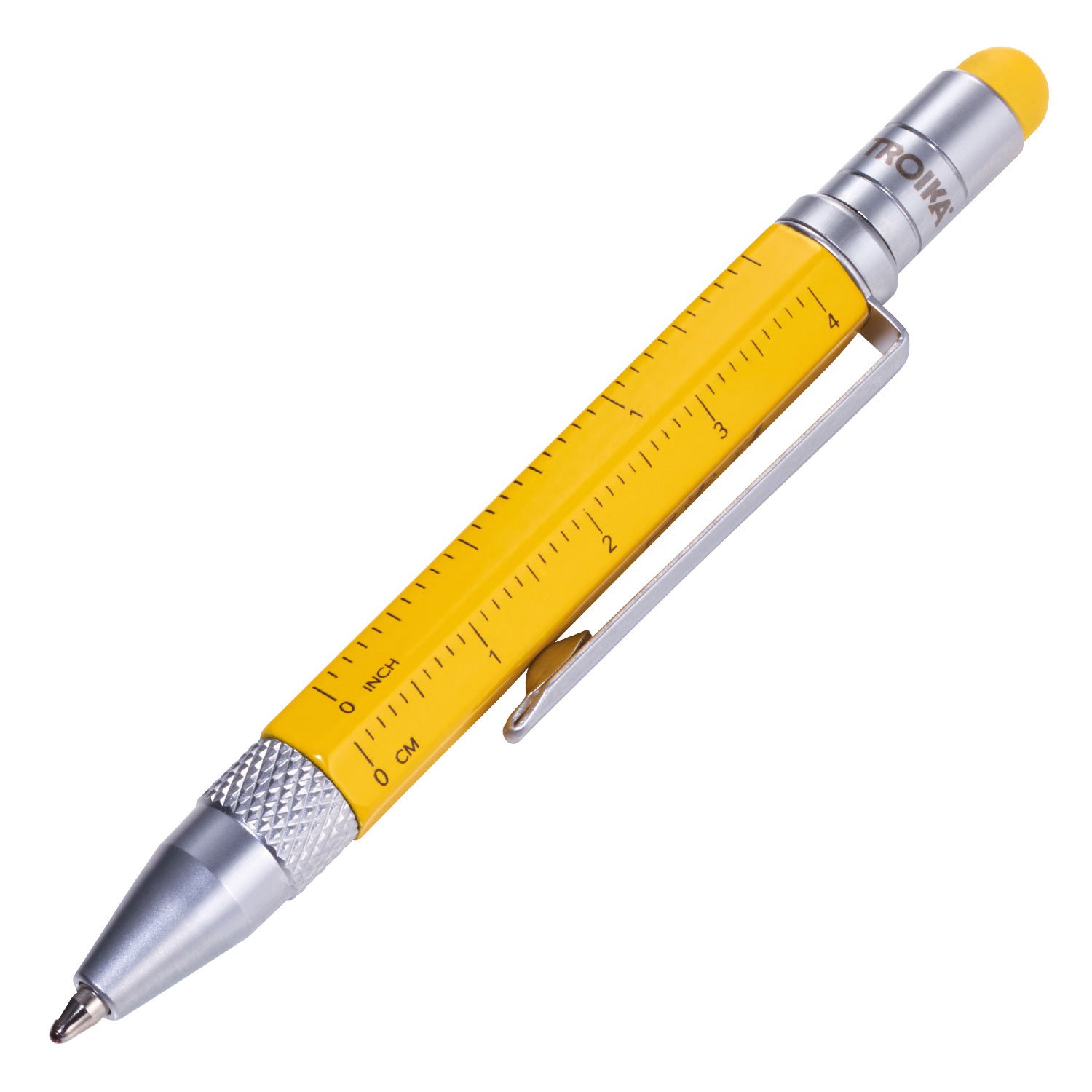 Troika Multitasking Ballpoint Pen (Small), Centimeter/Inch Ruler, Slotted/Phillips Screwdriver, Stylus (Yellow), Black Refill, Includes 2 Refills, Aluminium/Brass/Steel, Matte, Yellow
