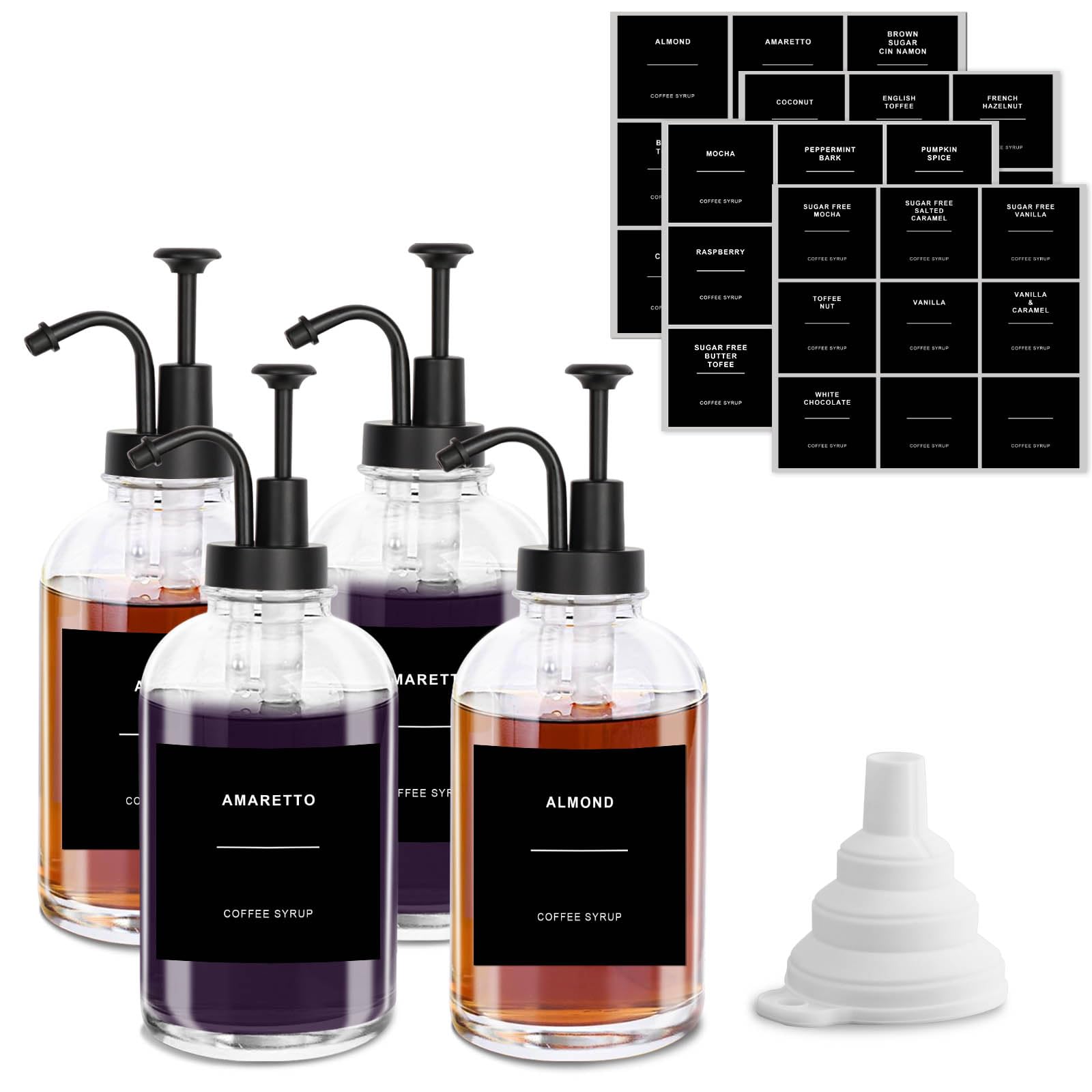 Coffee Syrup Dispenser,Black 500ml/16.9 oz Syrup Dispenser,Set of 4 Glass Pump Bottle with 36 Waterproof Labels and Funnel&Pump for Kitchen Coffee Bar Accessories