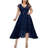 Miusol Women's Plus Size V Neck Floral Lace Ruffle Asymmetrical Hemline Elegant Bridesmaid Maxi Dress