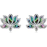 VONALA Lotus Stud Earrings 925 Sterling Silver Abalone Lotus Flower Small Dainty Stud Earrings for Women Lotus Jewelry for Women Lovers