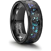 Zillaly 8mm Men's Tungsten Carbide Ring Gold/Black Hammered Meteorite Shavings Gold Foil Inlay Galaxy Nebula Green Opal Engagement Wedding Ring Matte Finish Comfortable Fit