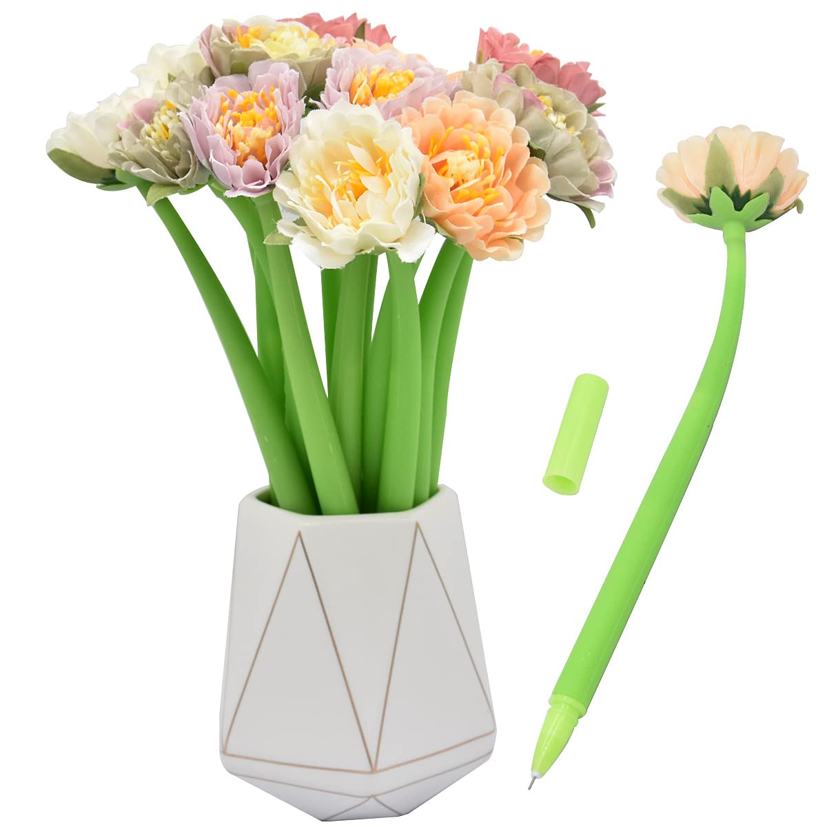 SIPLIV 12Pcs Creative Artificial Flowers Gel Ink Pen Ballpoint Pen Liquid Black 0.5mm Gel Ink Rollerball Pen for Girls Women, Office School Supplies - Little Peony
