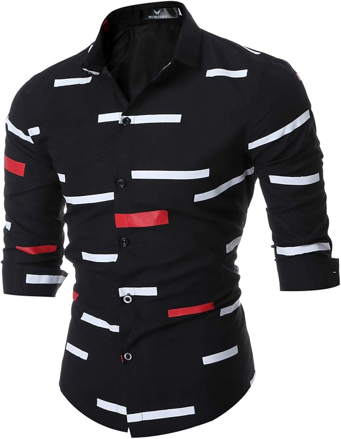 Men's Shirt Slim Long Sleeve Lining Geometric Printing Solid Color Stitching Casual Fashion Plus 