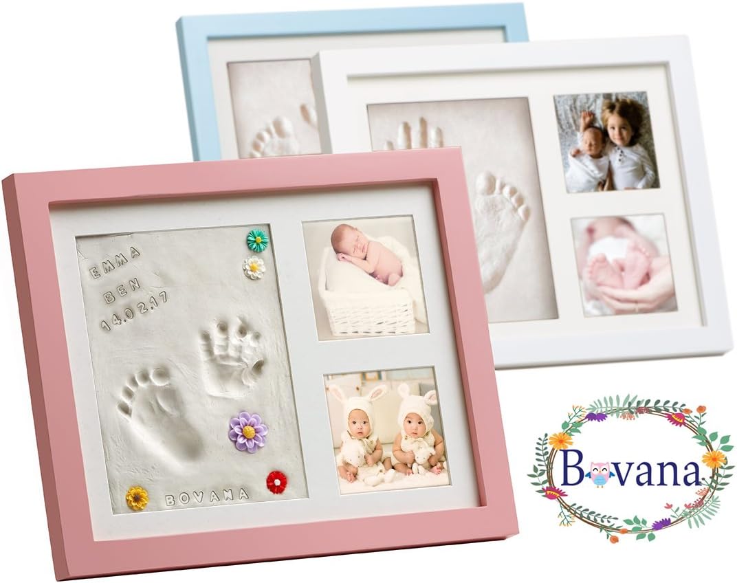 Bovana Baby Picture Frame Set of wood with clay for footprint, handprint - also for dog paws and cat paws - white
