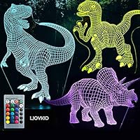 3D Dinosaur Night Light - 3D Illusion Lamp Three Pattern and 7 Color Change Decor Lamp with Remote Control for Kids, Dinosaur Gifts for Boys