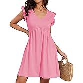 Jayscreate Women's 2025 Baby Doll Dress Backless Tie Back Pocket Summer Casual Ruffle Sleeve V Neck Mini T Shirt Dress
