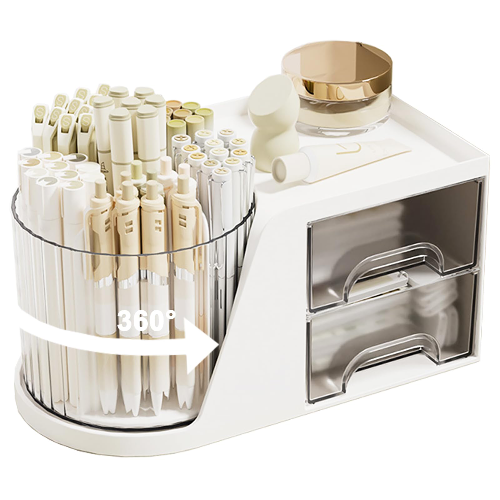 Photo 1 of SAYEEC Rotating Desk Organizer with 2 Drawer 6 Slots Multi-Functional Pencil Pen Holder Desktop Makeup Organizer Stationery Accessories Storage Box Caddy for Office School Home Art Supplies (White)