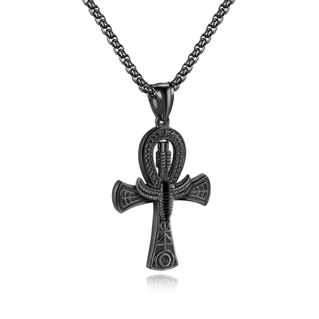 Rehoboth Stainless Steel Ancient Egyptian Coptic Ankh Cross Pendant Necklace for Womens Mens 24 Inch Chain Black Gold Silver