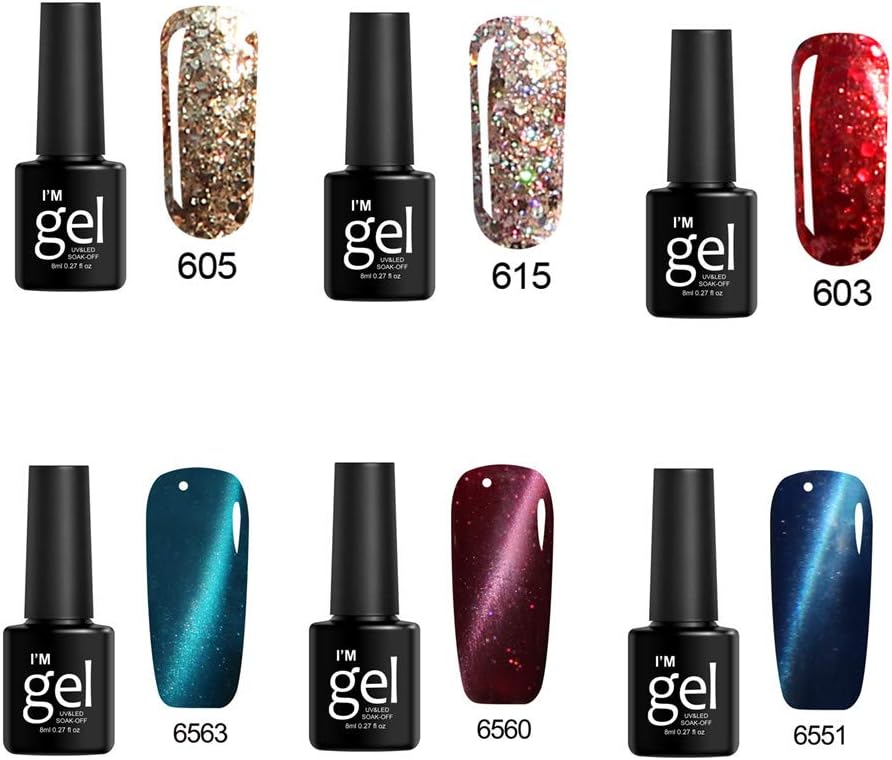 Gel Nail Polish Set, Cat Eye Magnetic Gel Diamond Glitter Gel Polish Soak Off UV Nail Lamp LED Cured, 8ml Each Bottle for Nail Art Design