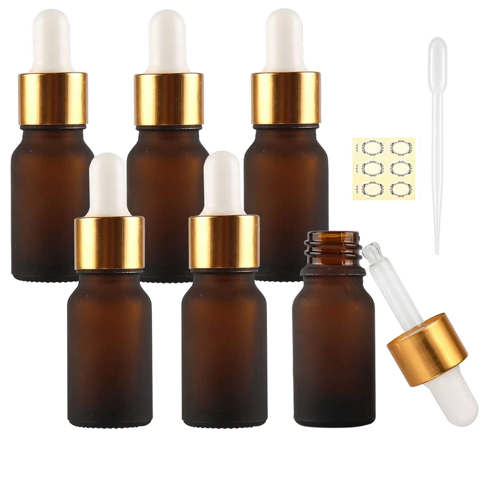 Alledomain 6Pcs, 10ml Frosted Amber Glass Bottles with Dropper Pipettes, Mini Empty Dropper Bottle Aluminum Alloy Cap Refillable Sample Container for Essential Oil/Massage Oil/Chemical Liquid