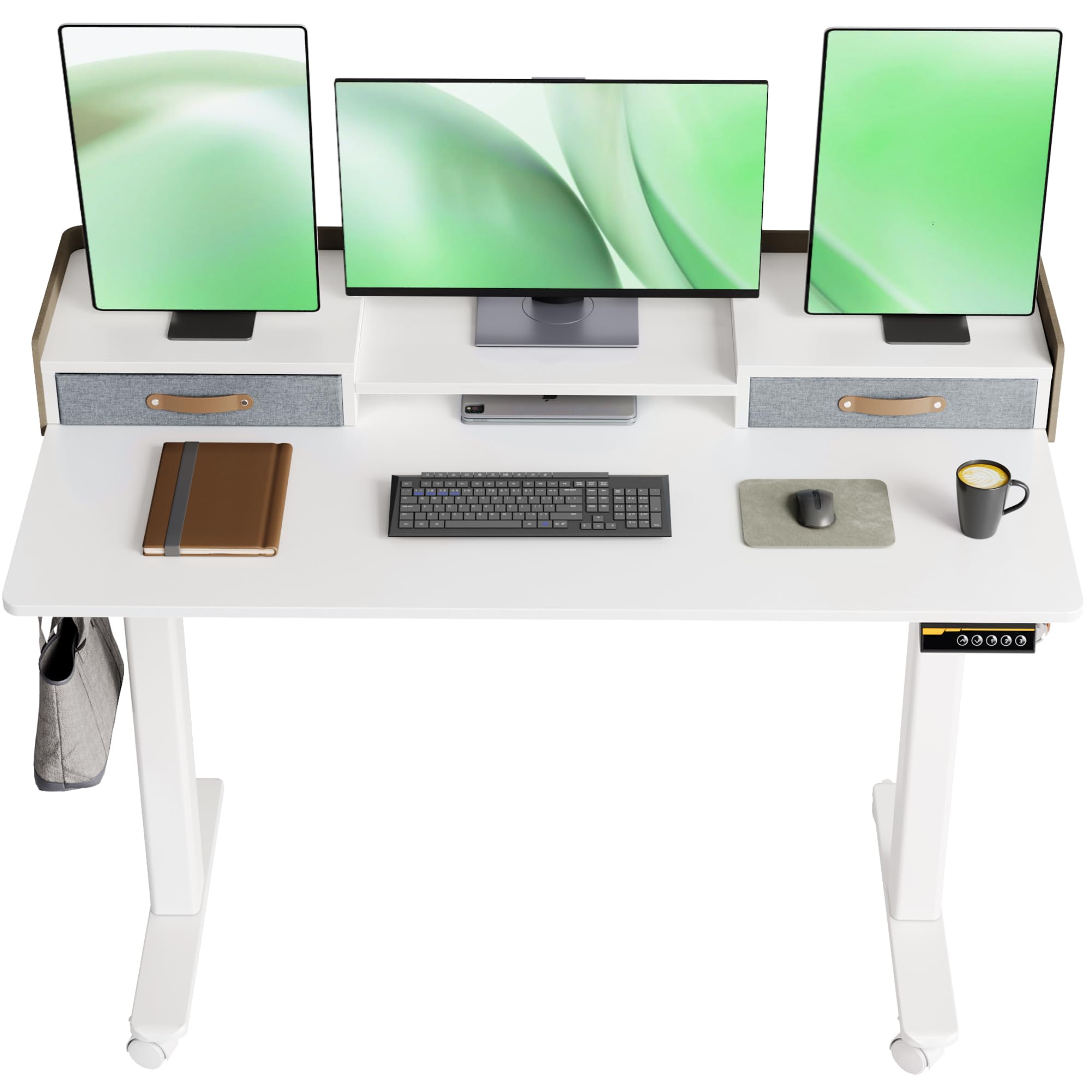 Photo 1 of (SOLD FOR PARTS/MISSING) BYDN Electric Standing Desk, Adjustable Height Stand up Desk, Sit Stand Home Office Desk with Splice Board, 48x24 Inches, White Top with Shelf