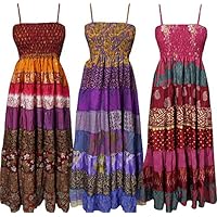Gypsy Fairy Womens Sundress Recycled Vintage Sari Patchwork Maxi Dress Wholesale Lot Of 3 Pcs