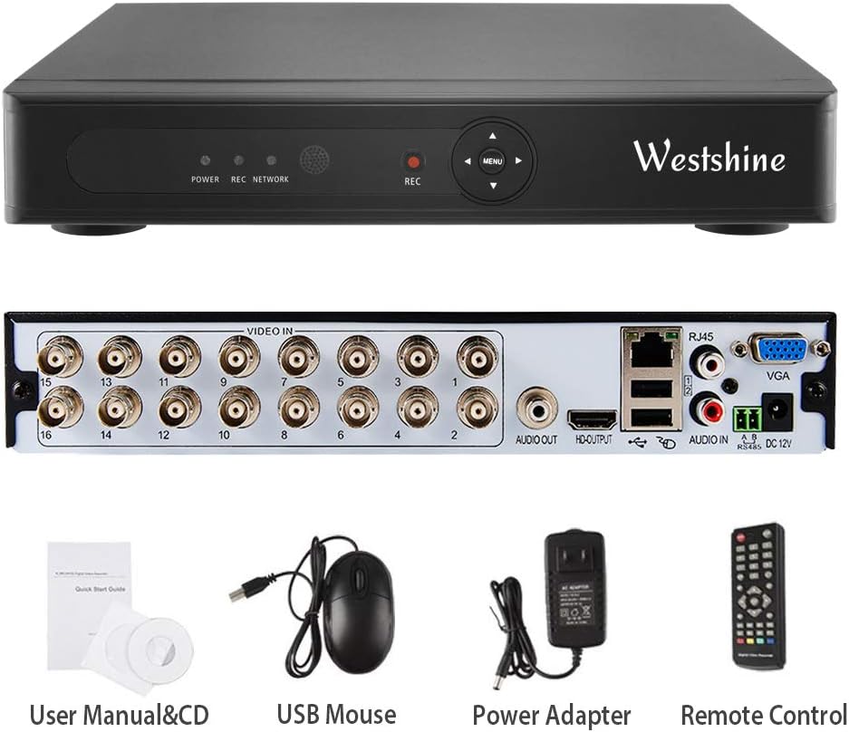 Westshine 16 Channel 1080N DVR,5 in 1 Hybrid (AHD/TVI/CVI/Analog/IP) Home Security System, H.265 HD Surveillance Video Recorder, Support Onvif Motion Detection, Email Alert(NO HDD)(with Controller)