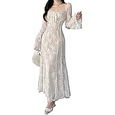 xxxiticat Women's Floral Lace Maxi Dress Long Sleeve Square Neck Flower Print Swing Hem Layered White Fairy Long Dress