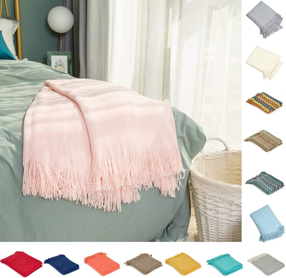 INSHERE Pink Solid Color Knit Woven Throw Blanket Cover with Tassels Fringe Soft Cozy Warm Lightweight All Season Winter Home Decor Decorative Gift for Couch Bed Chair Sofa 51''x67''