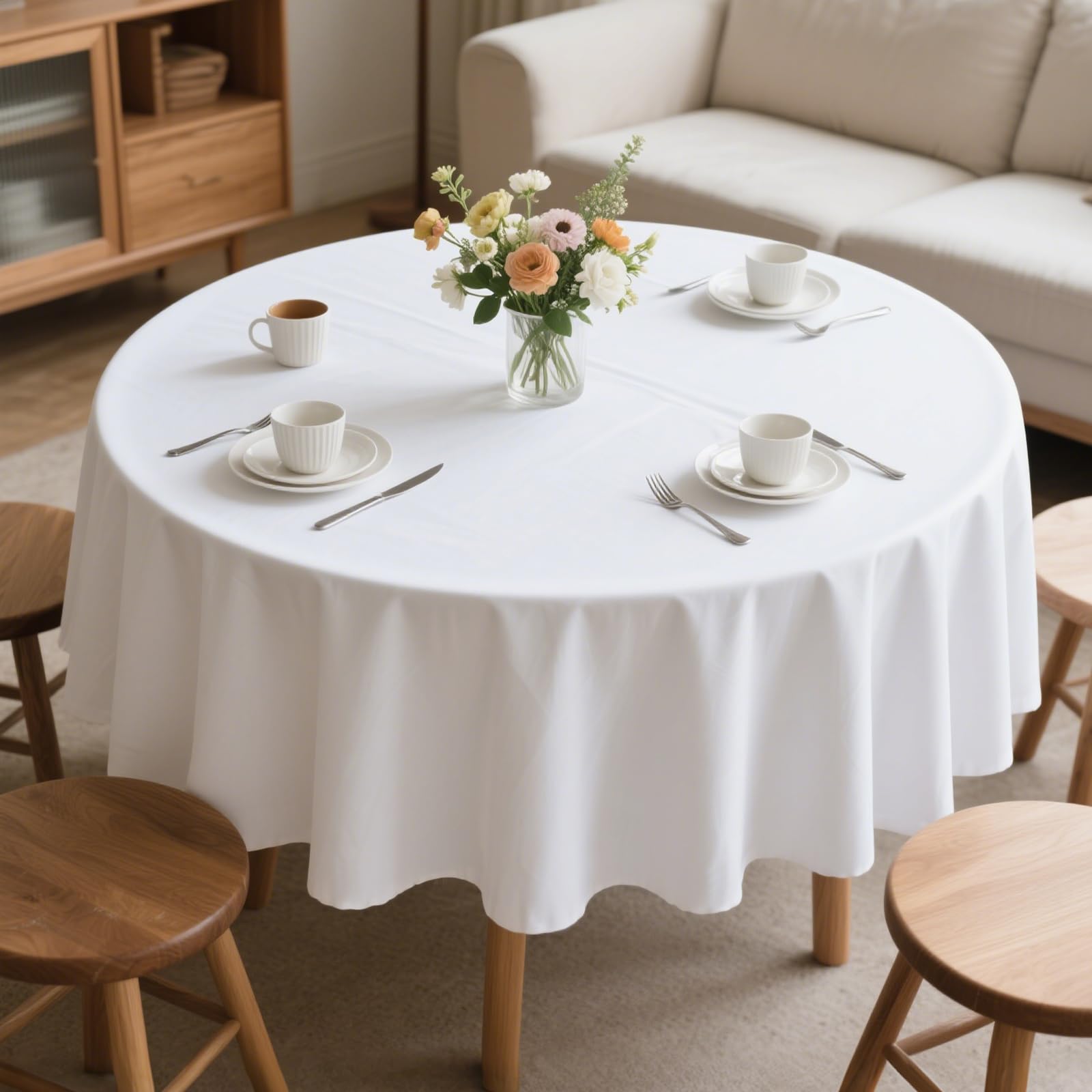 Photo 1 of MRJ 70 Inch Round White Tablecloth Stain and Wrinkle Resistant Washable Polyester Table Cloth for Restaurant Hotel Wedding