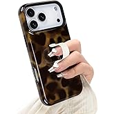 Jefonha Compatible with iPhone 17 Pro Max Case with Finger Strap Kickstand, Stylish Amber Leopard Phone Case for Women Men, Dual-Layer Shockproof Cover for 17 Pro Max, Amber Leopard