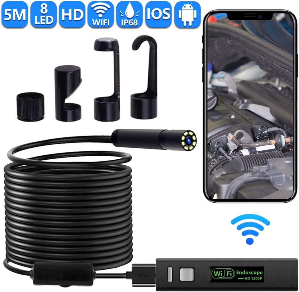 Wireless Endoscope ,IP68 Waterproof WiFi Borescope, 2MP 1080P HD Semi-Rigid Snake Camera for iPhone ,Android, Tablet, Motor Engine Sewer Pipe Vehicle Inspection Camera(16.5FT)-Black01