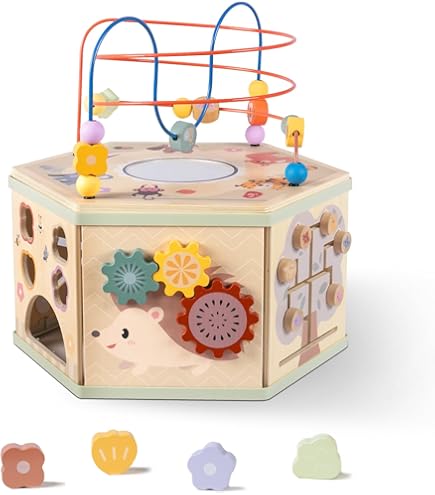 Toy Storage Wooden Activity Cube, 5-in-1 Montessori Toys For