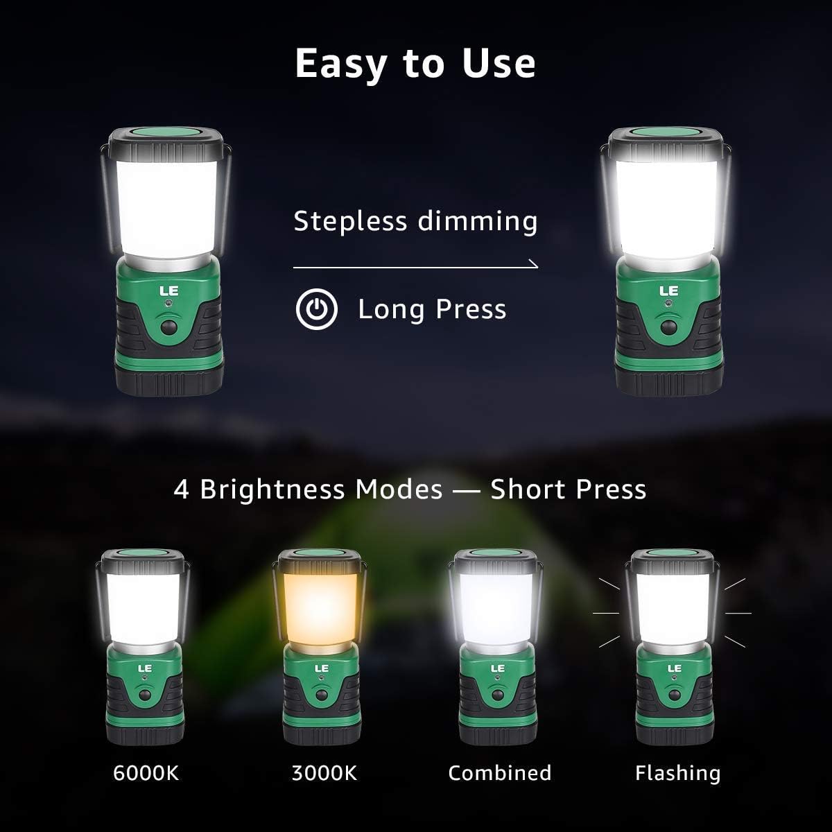 LE LED Camping Lantern Rechargeable, 1000LM, 4 Light Modes, 4400mAh Power Bank, IP44 Waterproof, Perfect Lantern Flashlight for Hurricane Emergency, Hiking, Home and More, USB Cable Included: Sports & Outdoors