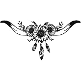 JEWLOVE Longhorn Skull Wall Decor, Western Metal Art | Longhorn skull with sunflower and feather; western wall decor for bedroom, bathroom; 8.1x16.3in; cow skull, rustic ranch