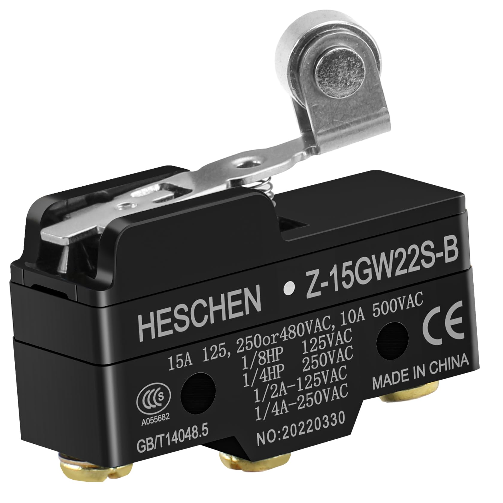 Heschen Micro Switch, Z-15GW22S-B, Short Hinge Roller Lever, 3 Screw Terminal, 15A Rated Current