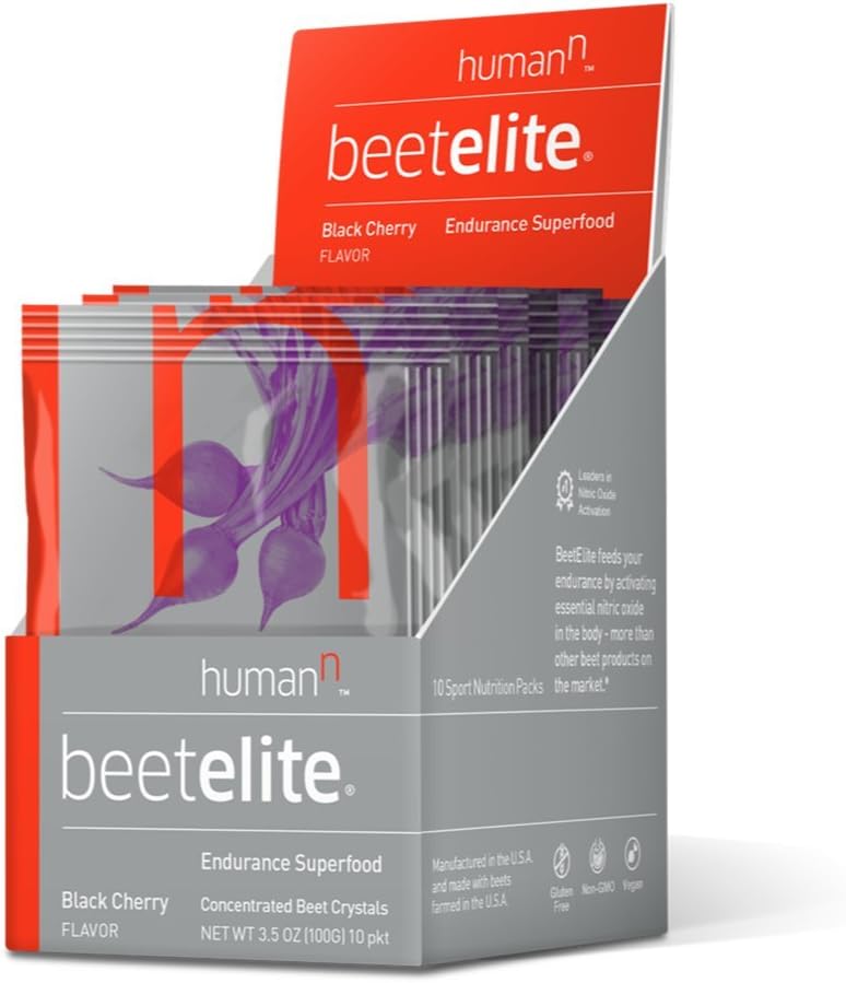 HumanN BeetElite Superfood Concentrated Beet Powder Nitric Oxide Boosting Athletic Endurance Supplement (Black Cherry Flavor, 0.35-Ounce, 10 Packets), Beet Red, 10 Servings: Health & Personal Care