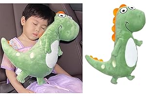 EAONITU Dino Travel Pillow for Kids, 2-in-1 Car Seatbelt Headrest Cushion for Road Trips, Parents Day Birthday Gift Exchange, Child Back Seat Sleeping Neck Shoulder Support Comfort, Cartoon T-Rex