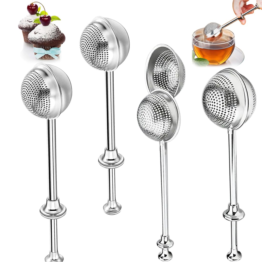 Photo 1 of Set of 4 Powdered Sugar Shaker Duster, 7.08"Flour Duster for Baking, 18/8Stainless Steel Pick Up and Dust Flour Sifter with Spring-operated Handle for Easy One-handed Operation for Baking, Make tea