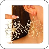 Andelaisi Boho Exaggerate Flower Dangle Earrings Vintage Hollow Flower Drop Earrings Gold Wire Metal Flower Earrings Lightweight Flower Petal Hook Earrings Jewelry for Women