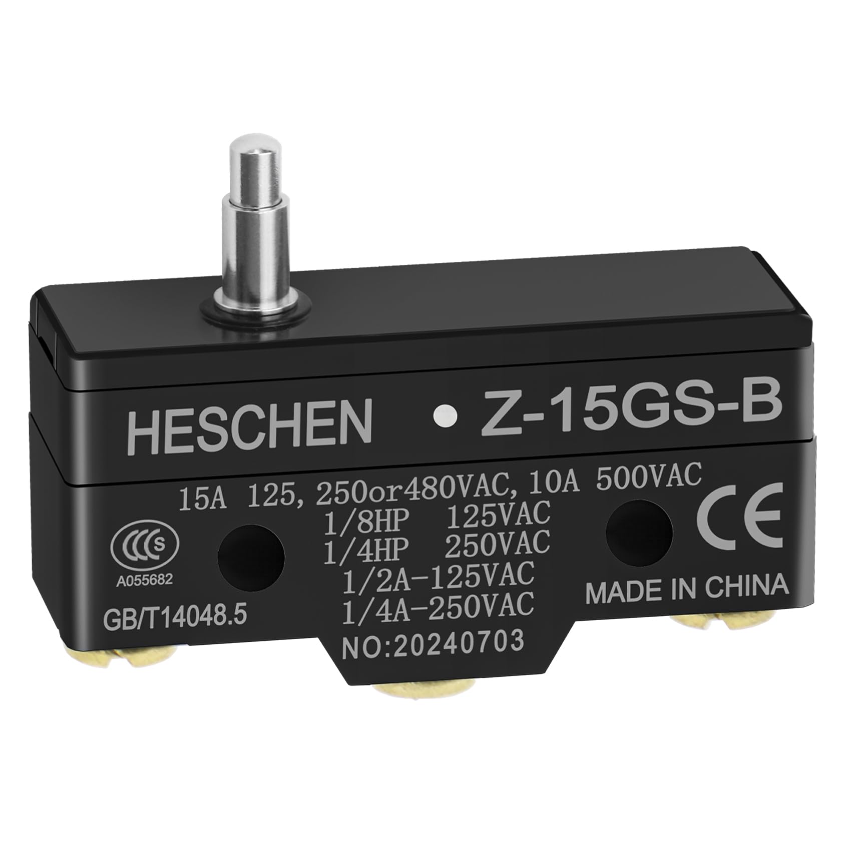 Heschen Micro Switch, Z-15GS-B, Slim Spring Plunger, 3 Screw Terminal, 15A Rated Current
