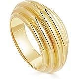ailov 5 Line Textured Oversized Golden Ribbed Dome Ring Engraved 11mm Chunky Minimal Stacking Statement Band