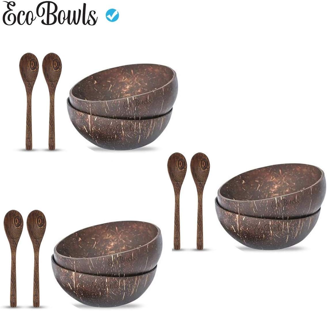 EcoBowls Handmade Coconut Bowls and Coconut Spoons Gift Set - Vegan - Organic - Hand Made - Eco Friendly - Made from Reclaimed Coconut Shells, Artisan Craft(Set of 6 Bowls + 6 Spoons)