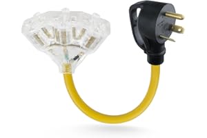 KAZFFD 30 Amp NEMA TT-30P Male Plug to 3x5-15R/20R 110V/120V 20 Amp - 3-Way Household Outlets Splitter with LED Indicator | for RV Camping, Trailers, Home Garage-1.5FT