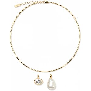 Gold Collar Necklace for Women, Cuff Style with Removable CZ & Baroque Pearl Pendants, 14K Gold Plated Wire Choker, Open Coll