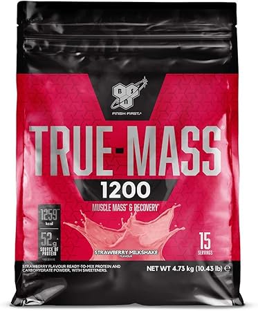 Bsn True Mass 1200 Mass Gainer Protein Powder With Milk Proteins And Carbohydrate For Muscle Gain And Recovery Strawberry Milkshake 4 73 Kg 15 Servings Amazon Co Uk Health Personal Care